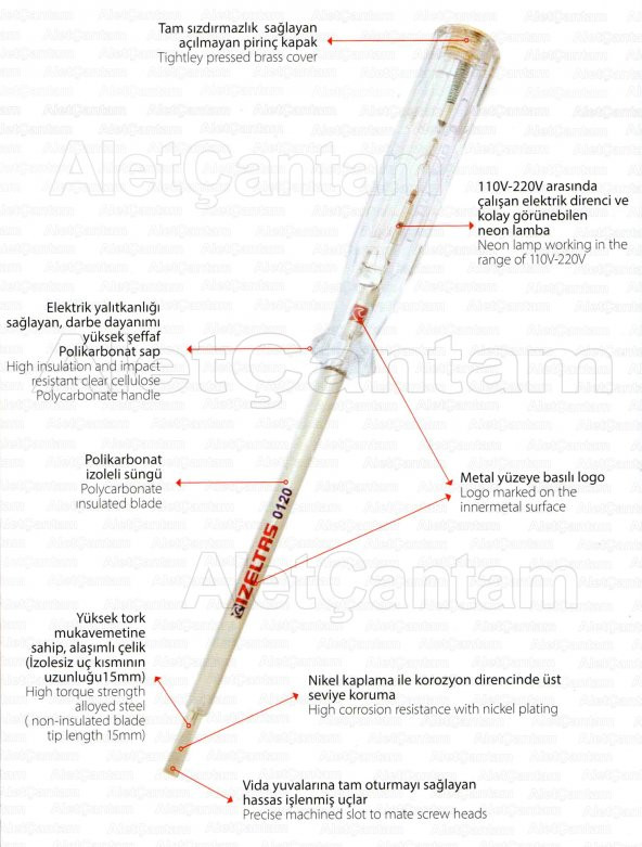İzeltaş Elektrik Kontrol Kalemi Düz Uçlu Uzun Boy 190 MM - 2