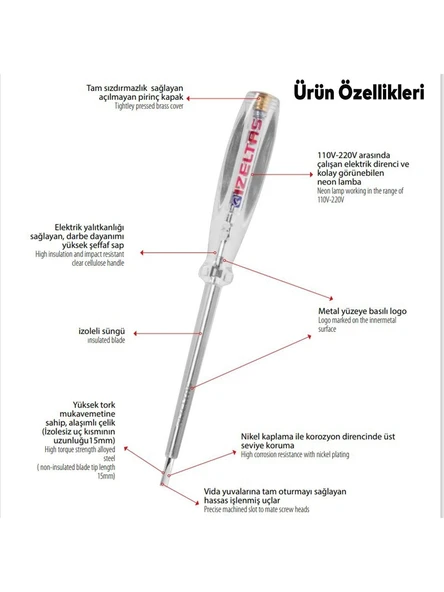 İzeltaş Elektrik Kontrol Kalemi Düz Uçlu Uzun Boy 190 MM - Resim 2