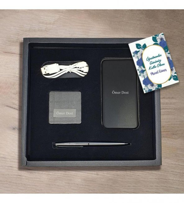 Kişiye Özel Öğretmenler Günü Hediyelik Set 5000 mAh Powerbank, Metal Tükenmez Kalem, Derili Ayna - 2