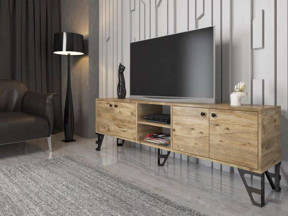 Woodn Love Sofia 180 Cm Metal Ayaklı Tv Ünitesi - Atlantik Çam / Siyah - 3