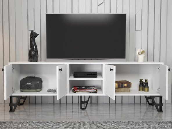 Woodn Love Sofia 180 Cm Metal Ayaklı Tv Ünitesi - Beyaz / Siyah - 5