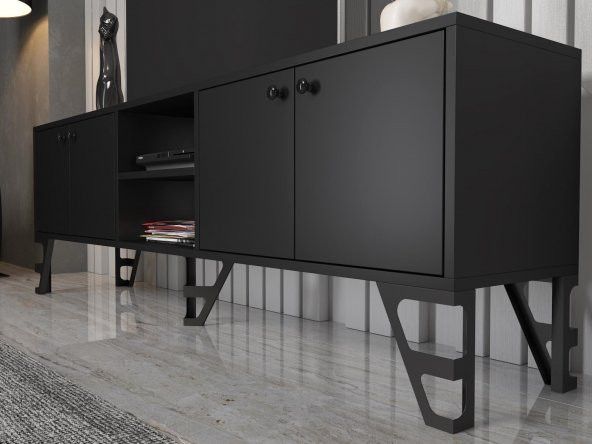 Woodn Love Sofia 180 Cm Metal Ayaklı Tv Ünitesi - Siyah / Siyah - 4