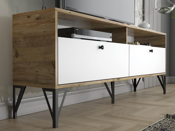 Woodn Love Astreo 160 Cm Metal Ayaklı Tv Ünitesi - Atlantik Çam - Beyaz / Siyah - 4