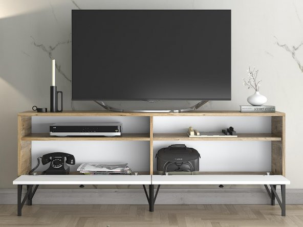 Woodn Love Astreo 160 Cm Metal Ayaklı Tv Ünitesi - Atlantik Çam - Beyaz / Siyah - 5