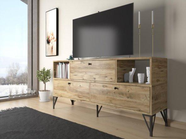 Woodn Love Mia 160 Cm Metal Ayaklı Tv Ünitesi - Konsol - Atlantik Çam / Siyah - 3