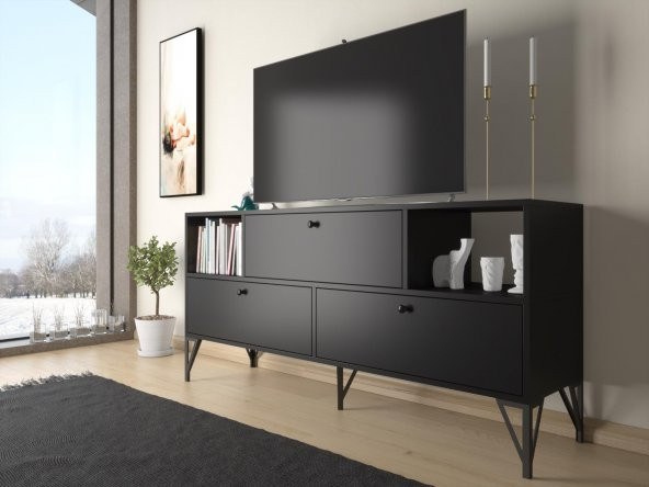 Woodn Love Mia 160 Cm Metal Ayaklı Tv Ünitesi - Konsol - Siyah / Siyah - 3