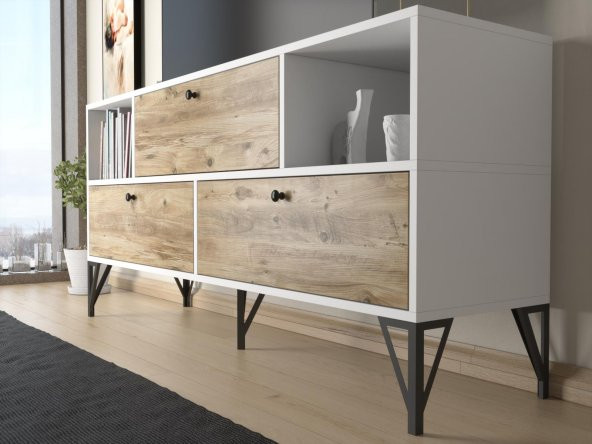 Woodn Love Mia 160 Cm Metal Ayaklı Tv Ünitesi - Konsol - Beyaz - Atlantik Çam / Siyah - 4