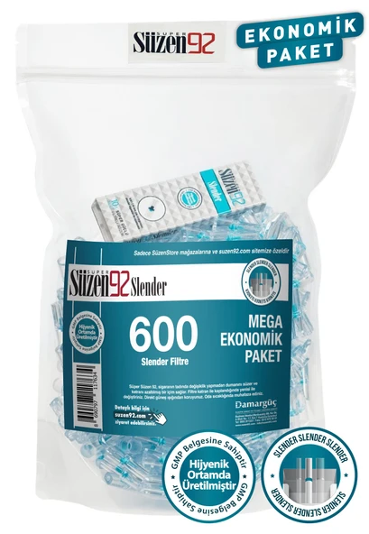 Süzen92 Slender Filtre  600'lü Ekonomik Paket 1 Adet Taşıma Kutusu Hediyeli