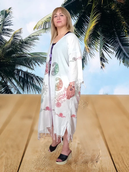 Taş Baskı Uzun Pareo - Beyaz Lila Standart - 2