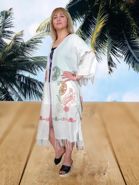 Taş Baskı Uzun Pareo - Beyaz Lila Standart - 5