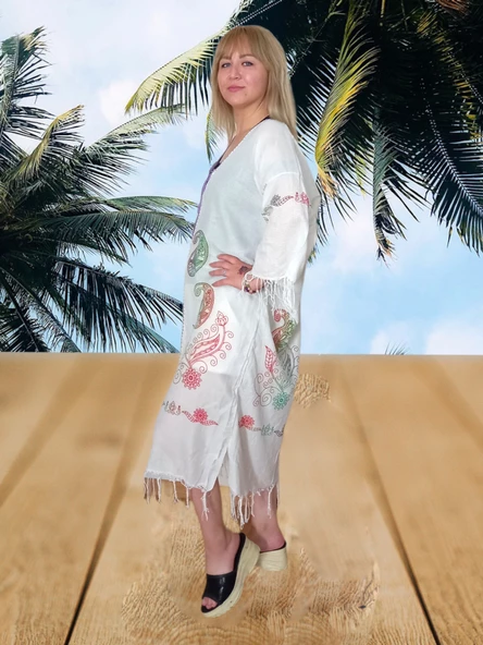 Taş Baskı Uzun Pareo - Beyaz Lila Standart - 4