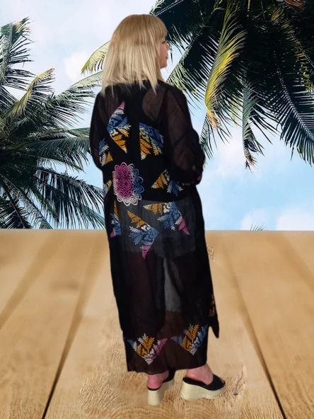 Taş Baskılı Uzun Pareo & Kimono - Siyah Açık Mavi Standart - 6