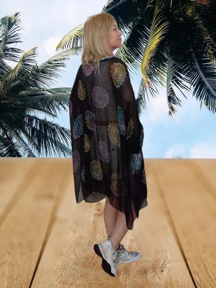 Şile Bezi Taş Baskılı Pareo - Siyah Standart - 2