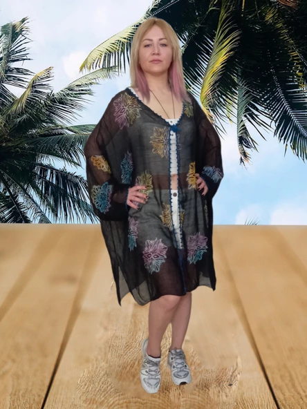 Şile Bezi Taş Baskılı Pareo - Siyah Standart - 3