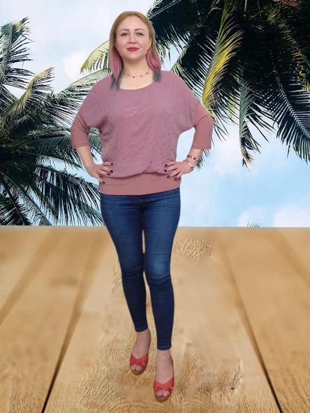 Likralı Tül Ve Taş Detaylı Bluz - Pembe Renk - M/L/XL Beden