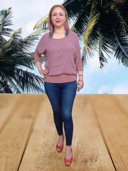 Likralı Tül Ve Taş Detaylı Bluz - Pembe Renk - M/L/XL Beden - 3