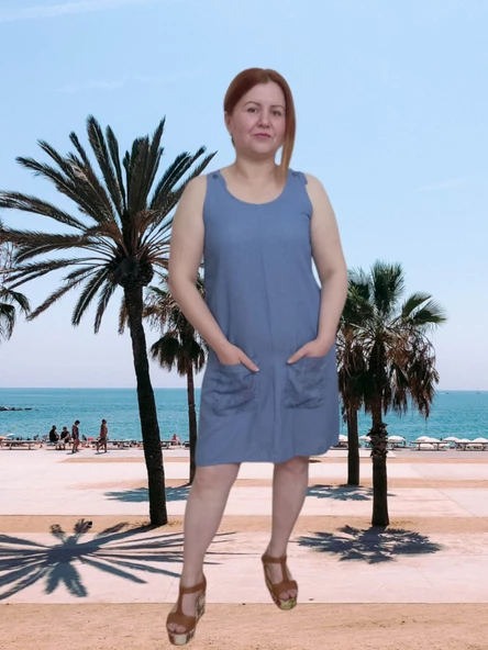 Kisa Cepli Keten Elbise Mavi - 2