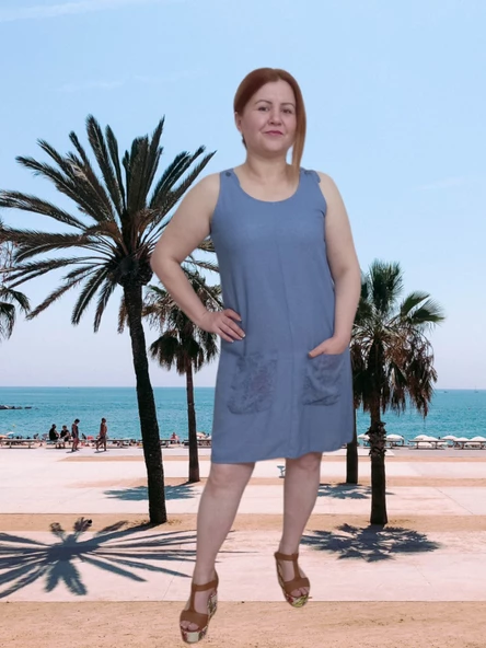Kisa Cepli Keten Elbise Mavi - 3