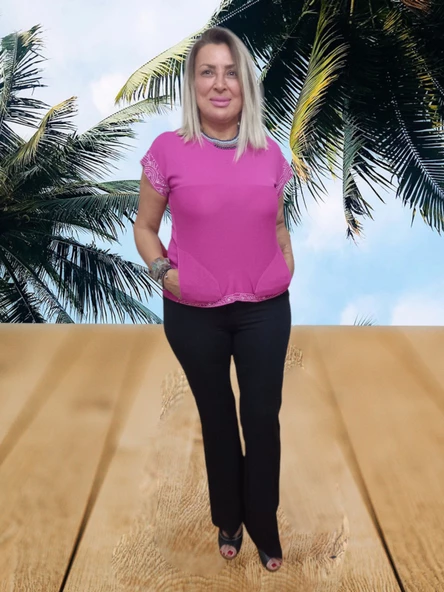 Triko Örme Taş işlemeli Pembe Cepli Bluz Kazak - 2