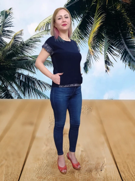 Triko Örme Taş işlemeli Lacivert Cepli Bluz Kazak - 3