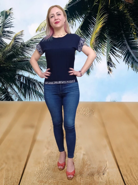 Triko Örme Taş işlemeli Lacivert Cepli Bluz Kazak - 2