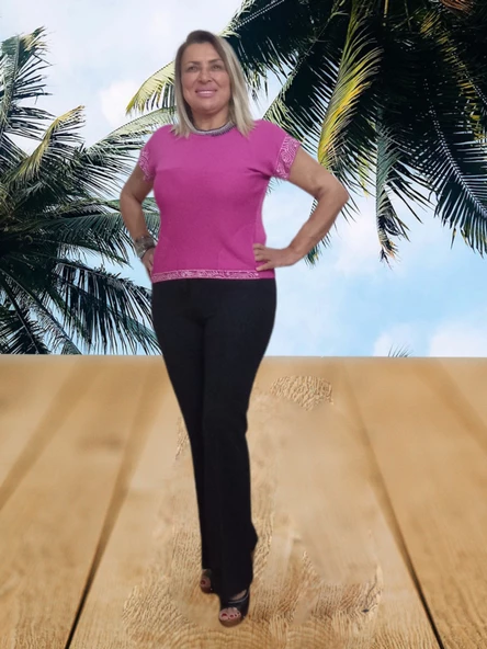 Triko Örme Taş işlemeli Pembe Cepli Bluz Kazak - 4