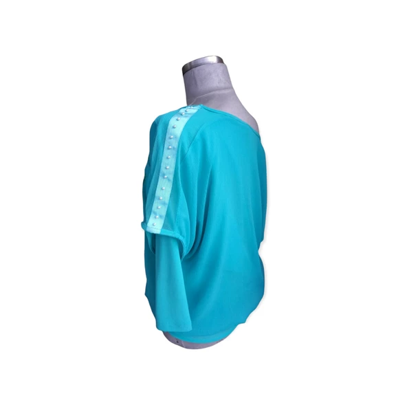 Likralı Taş ve Tül Detaylı Bluz - 3