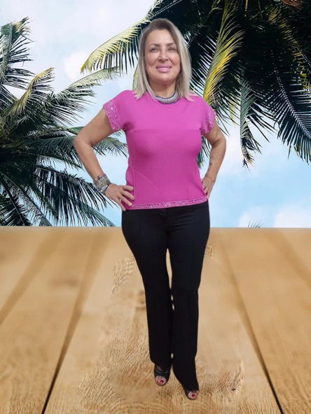 Triko Örme Taş işlemeli Pembe Cepli Bluz Kazak - 3