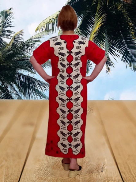 Taş Baskı Desenli Uzun Elbise - Kırmızı Renk - S/M Beden - 4