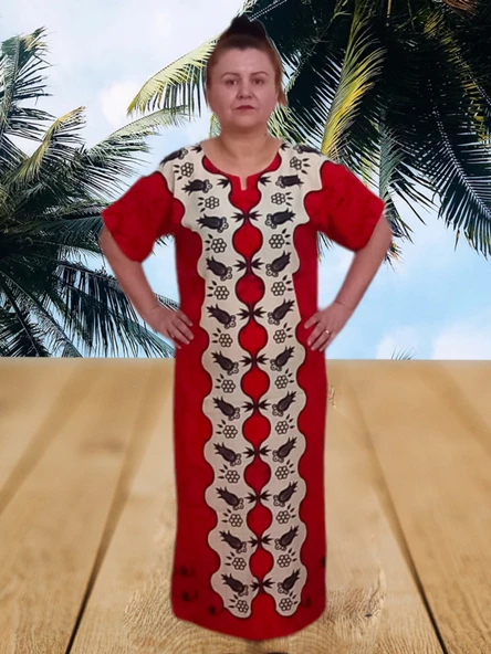 Taş Baskı Desenli Uzun Elbise - Kırmızı Renk - S/M Beden - 2