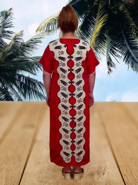 Taş Baskı Desenli Uzun Elbise - Kırmızı Renk - S/M Beden - 3