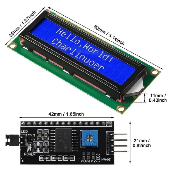 16x2 Mavi LCD + IIC/I2C Ekran Arayüz Modülü Birlikte Set - Resim 7