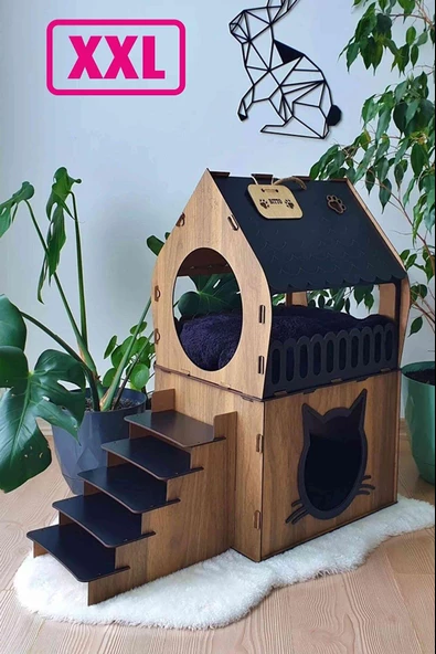 Büyük Kedi Evi Xxl Teraslı Kedi Evi 5kg Ve Üzeri Kediler Için XXL SİYAH - 2