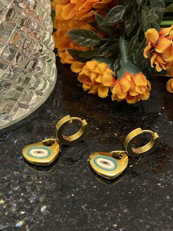 Aksesuar Çarşısı Çelik Mineli Nazar Boncuklu Kalp Küpe - Resim 2