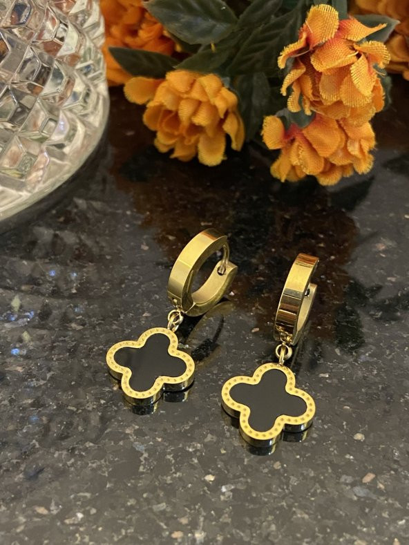 Aksesuar Çarşısı Çelik Siyah Sedefli Yonca Küpe - Resim 3