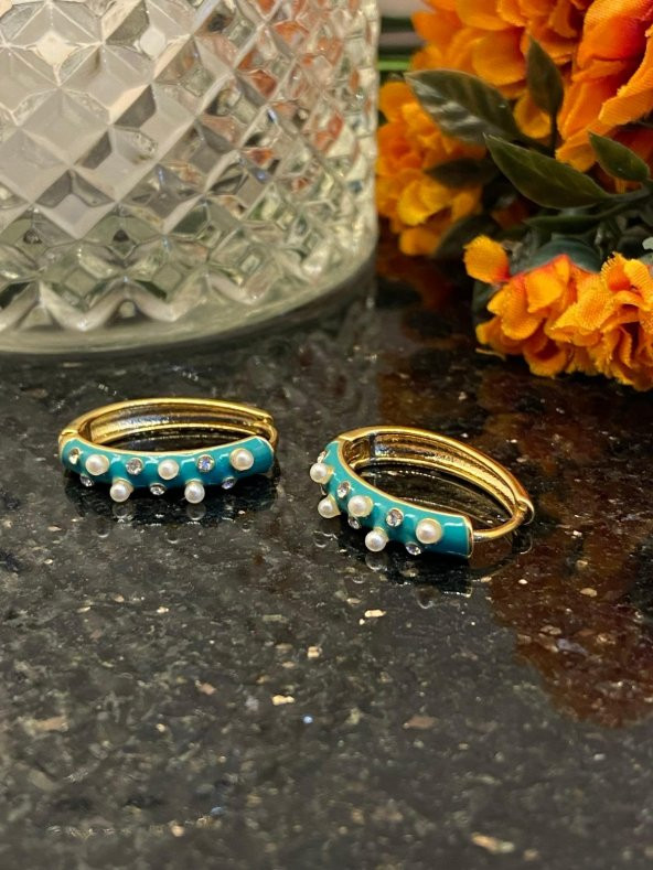 Aksesuar Çarşısı Çelik Mavi Mineli İncili Zirkon Taşlı Küpe - Resim 4