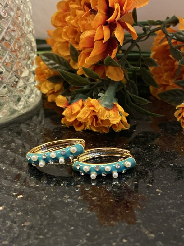 Aksesuar Çarşısı Çelik Mavi Mineli İncili Zirkon Taşlı Küpe - Resim 5