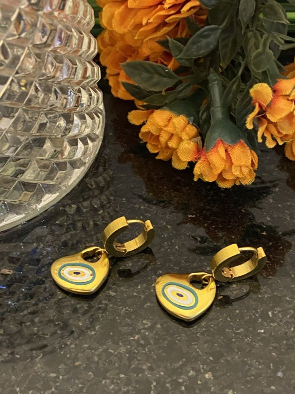 Aksesuar Çarşısı Çelik Mineli Nazar Boncuklu Kalp Küpe - Resim 5