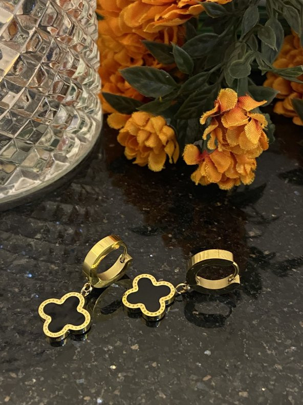 Aksesuar Çarşısı Çelik Siyah Sedefli Yonca Küpe - Resim 7