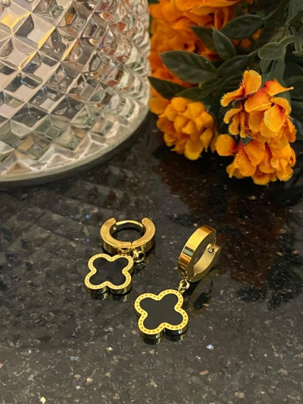 Aksesuar Çarşısı Çelik Siyah Sedefli Yonca Küpe - Resim 10