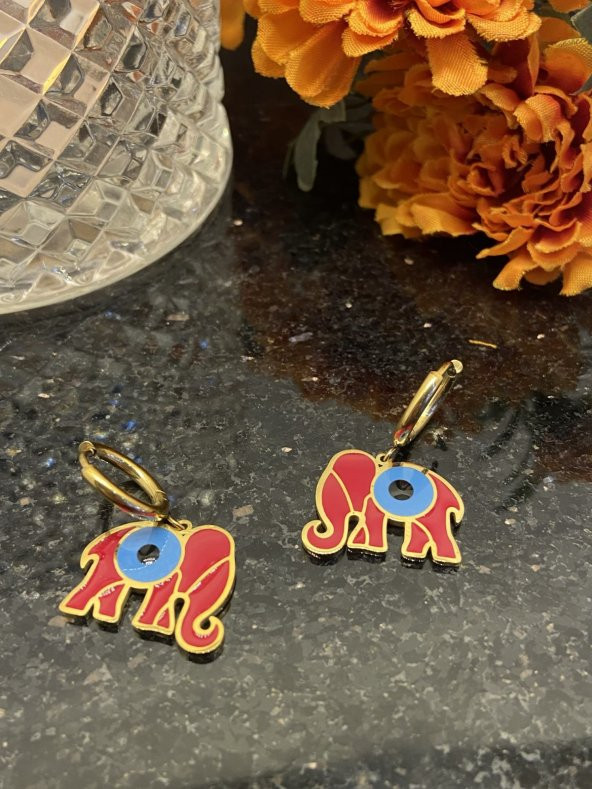 Aksesuar Çarşısı Çelik Kırmızı MineLİ Fil Tasarımlı Küpe - Resim 2