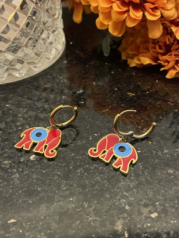 Aksesuar Çarşısı Çelik Kırmızı MineLİ Fil Tasarımlı Küpe - Resim 3