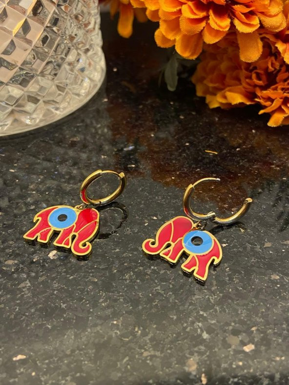 Aksesuar Çarşısı Çelik Kırmızı MineLİ Fil Tasarımlı Küpe - Resim 7