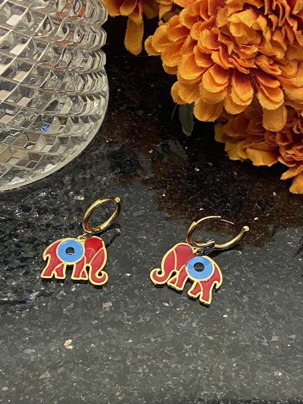 Aksesuar Çarşısı Çelik Kırmızı MineLİ Fil Tasarımlı Küpe - Resim 8