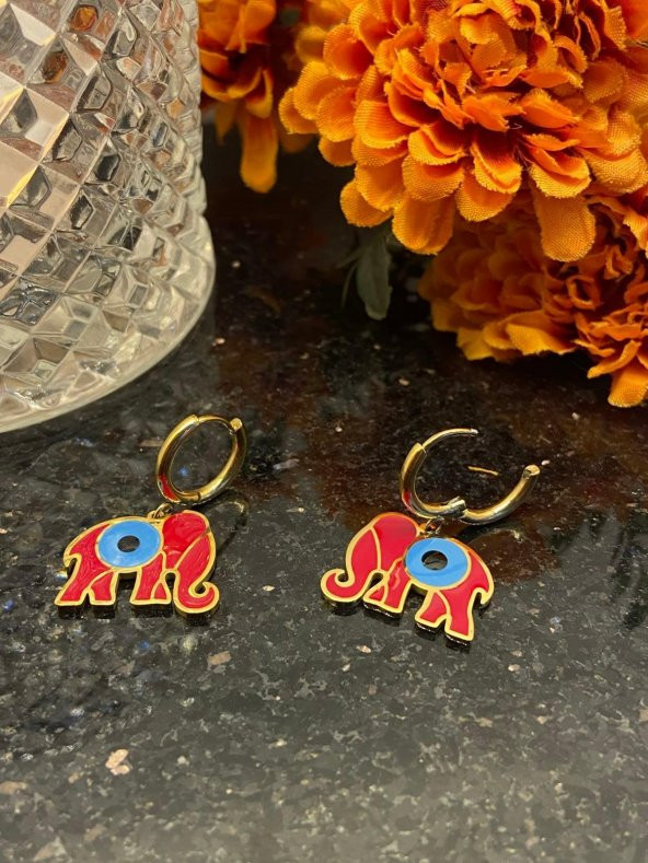 Aksesuar Çarşısı Çelik Kırmızı MineLİ Fil Tasarımlı Küpe - Resim 9