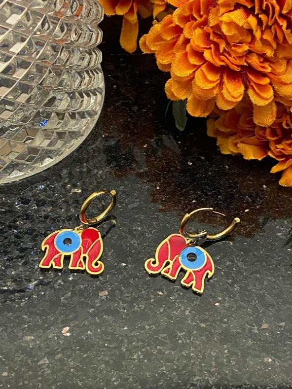 Aksesuar Çarşısı Çelik Kırmızı MineLİ Fil Tasarımlı Küpe - Resim 10