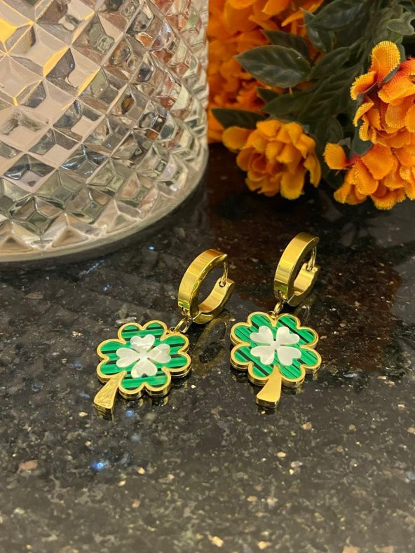 Aksesuar Çarşısı Çelik Yeşil Sedefli Yonca Küpe ürün görseli