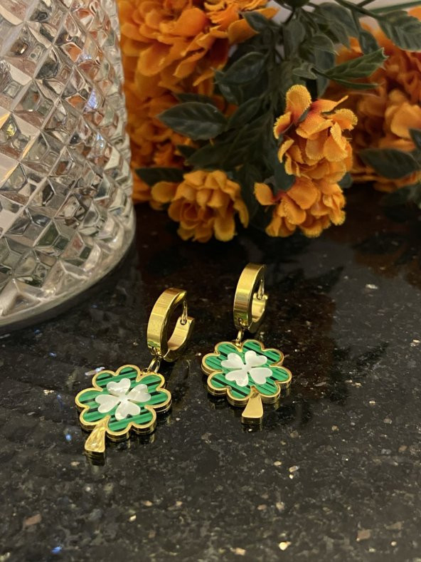 Aksesuar Çarşısı Çelik Yeşil Sedefli Yonca Küpe - Resim 3