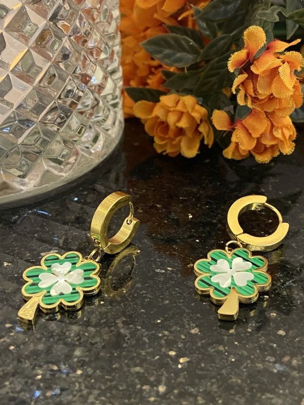 Aksesuar Çarşısı Çelik Yeşil Sedefli Yonca Küpe - Resim 5