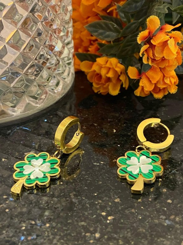 Aksesuar Çarşısı Çelik Yeşil Sedefli Yonca Küpe - Resim 6